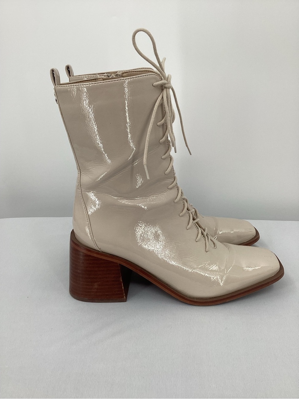 Sam Edelman Westin Lace-Up Patent Leather Boots in Cream